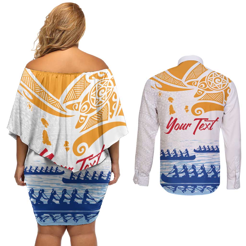 Personalised Hawaiki Nui Va'a French Polynesian Pattern Couples Matching Off Shoulder Short Dress and Long Sleeve Button Shirt White Color