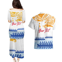 Personalised Hawaiki Nui Va'a French Polynesian Pattern Couples Matching Puletasi and Hawaiian Shirt White Color