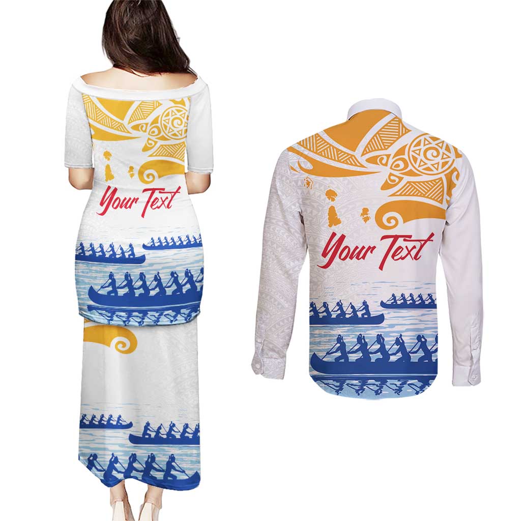 Personalised Hawaiki Nui Va'a French Polynesian Pattern Couples Matching Puletasi and Long Sleeve Button Shirt White Color