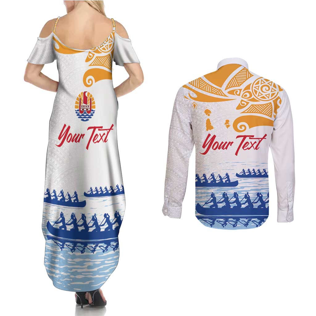 Personalised Hawaiki Nui Va'a French Polynesian Pattern Couples Matching Summer Maxi Dress and Long Sleeve Button Shirt White Color