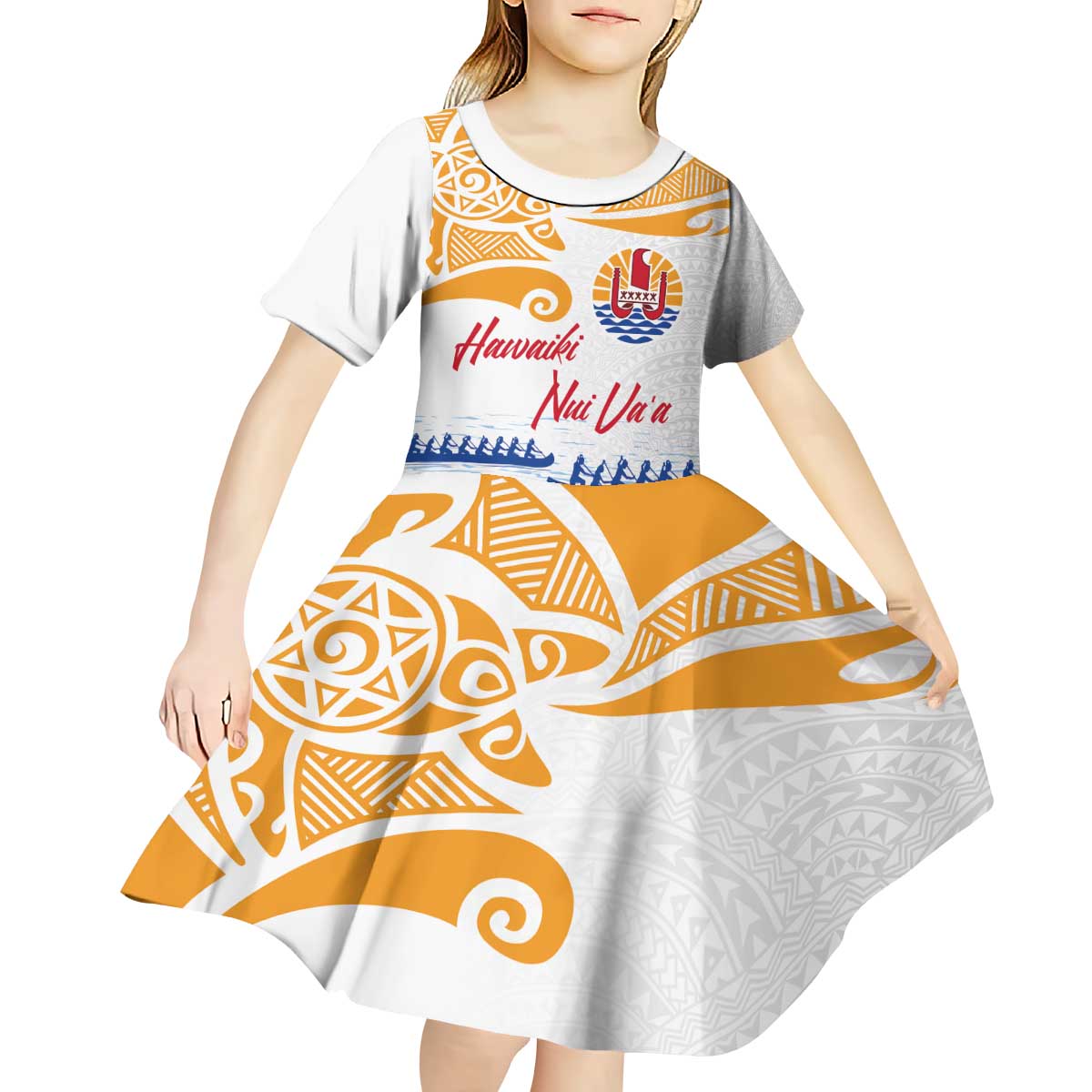 Personalised Hawaiki Nui Va'a French Polynesian Pattern Kid Short Sleeve Dress White Color