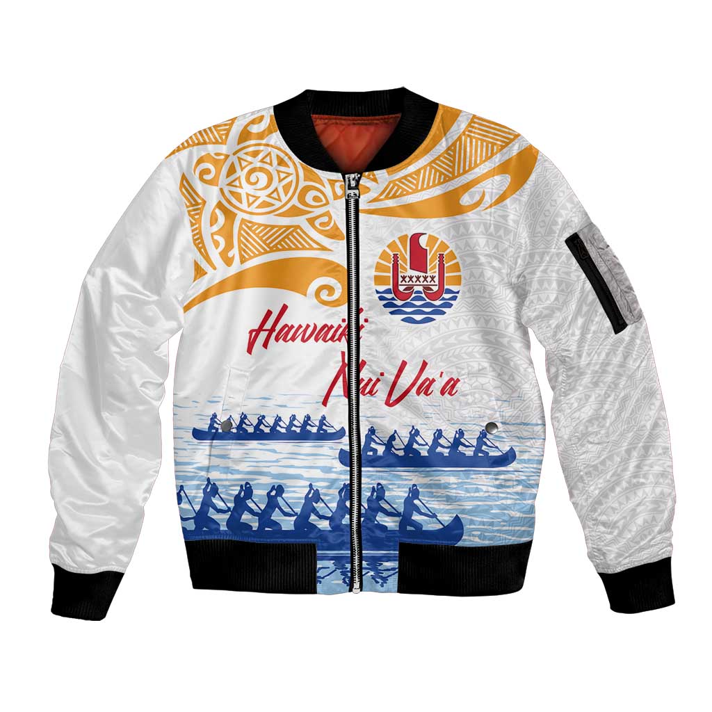 Personalised Hawaiki Nui Va'a French Polynesian Pattern Sleeve Zip Bomber Jacket White Color LT03 Unisex White - Polynesian Pride