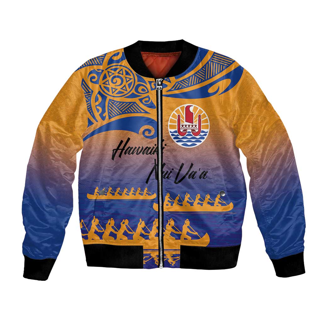 Personalised Hawaiki Nui Va'a French Polynesian Pattern Bomber Jacket Sunset Color LT03 Unisex Yellow - Polynesian Pride