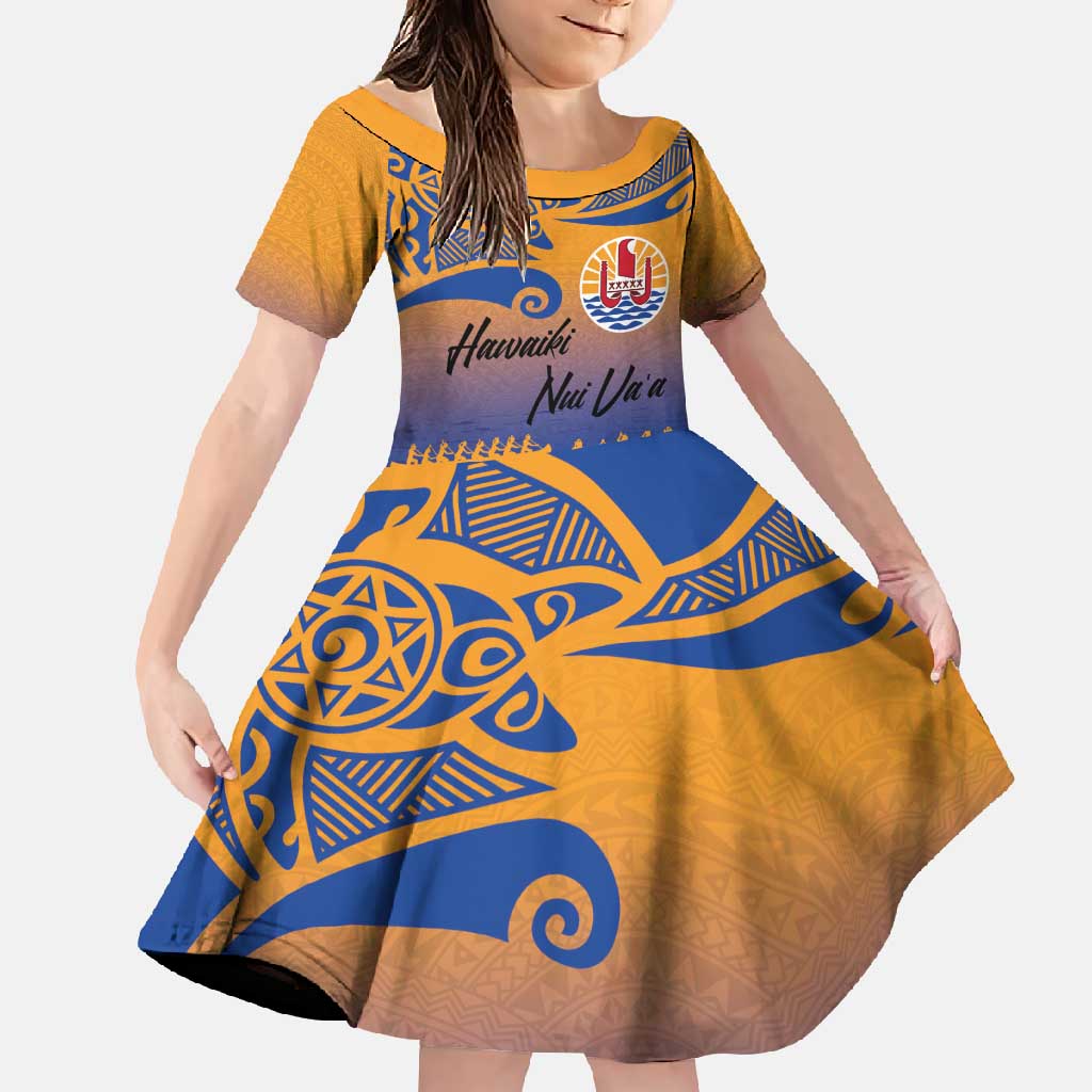 Personalised Hawaiki Nui Va'a French Polynesian Pattern Family Matching Long Sleeve Bodycon Dress and Hawaiian Shirt Sunset Color LT03 Daughter's Dress Yellow - Polynesian Pride