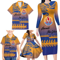 Personalised Hawaiki Nui Va'a French Polynesian Pattern Family Matching Long Sleeve Bodycon Dress and Hawaiian Shirt Sunset Color LT03 - Polynesian Pride