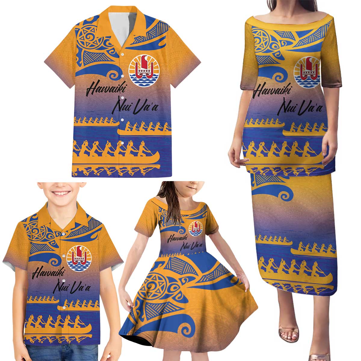 Personalised Hawaiki Nui Va'a French Polynesian Pattern Family Matching Puletasi and Hawaiian Shirt Sunset Color LT03 - Polynesian Pride