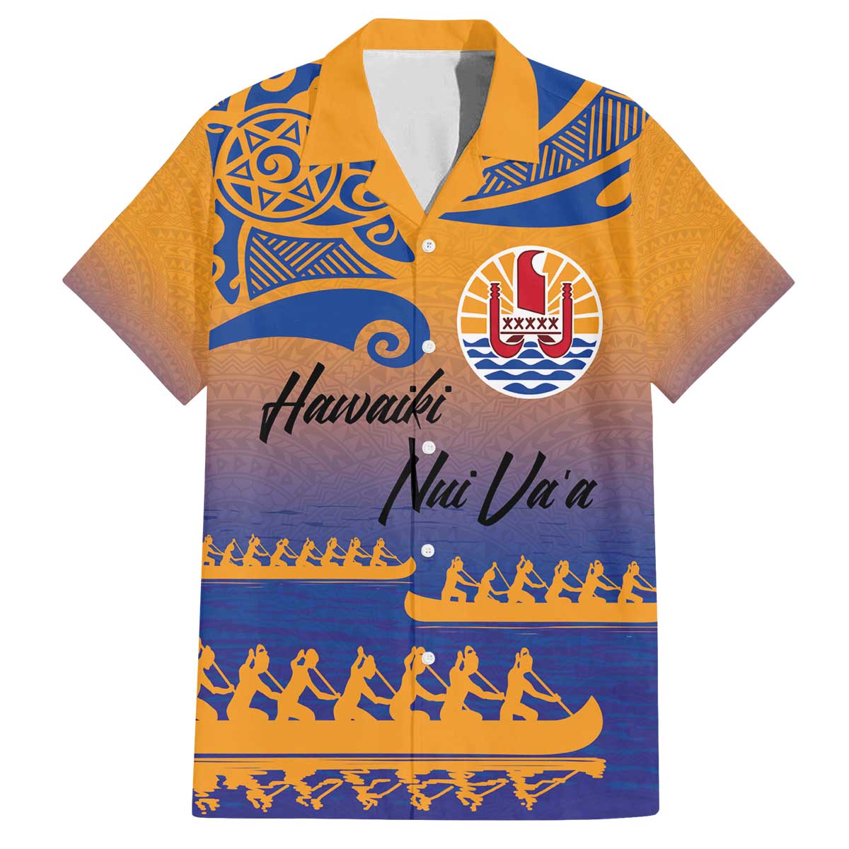 Personalised Hawaiki Nui Va'a French Polynesian Pattern Family Matching Puletasi and Hawaiian Shirt Sunset Color LT03 Dad's Shirt - Short Sleeve Yellow - Polynesian Pride