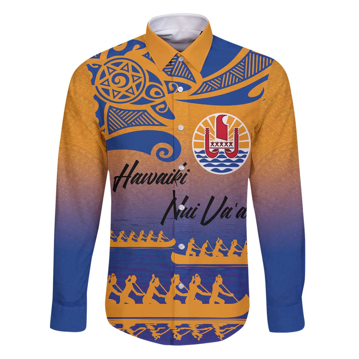 Personalised Hawaiki Nui Va'a French Polynesian Pattern Family Matching Puletasi and Hawaiian Shirt Sunset Color LT03 Dad's Shirt - Long Sleeve Yellow - Polynesian Pride
