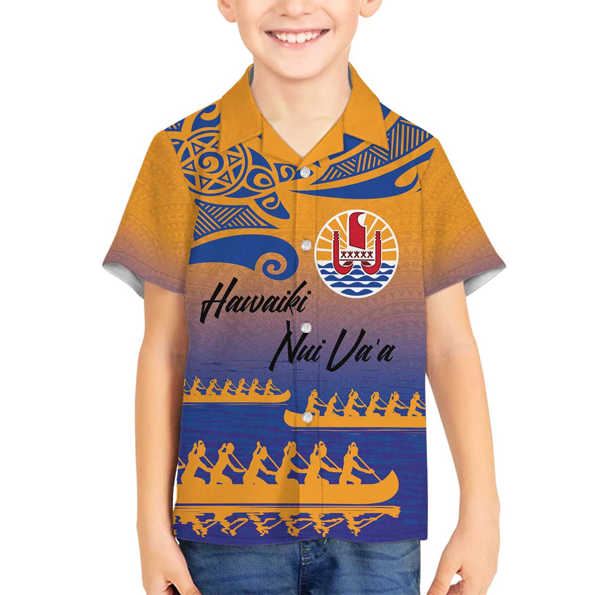 Personalised Hawaiki Nui Va'a French Polynesian Pattern Family Matching Puletasi and Hawaiian Shirt Sunset Color LT03 Son's Shirt Yellow - Polynesian Pride