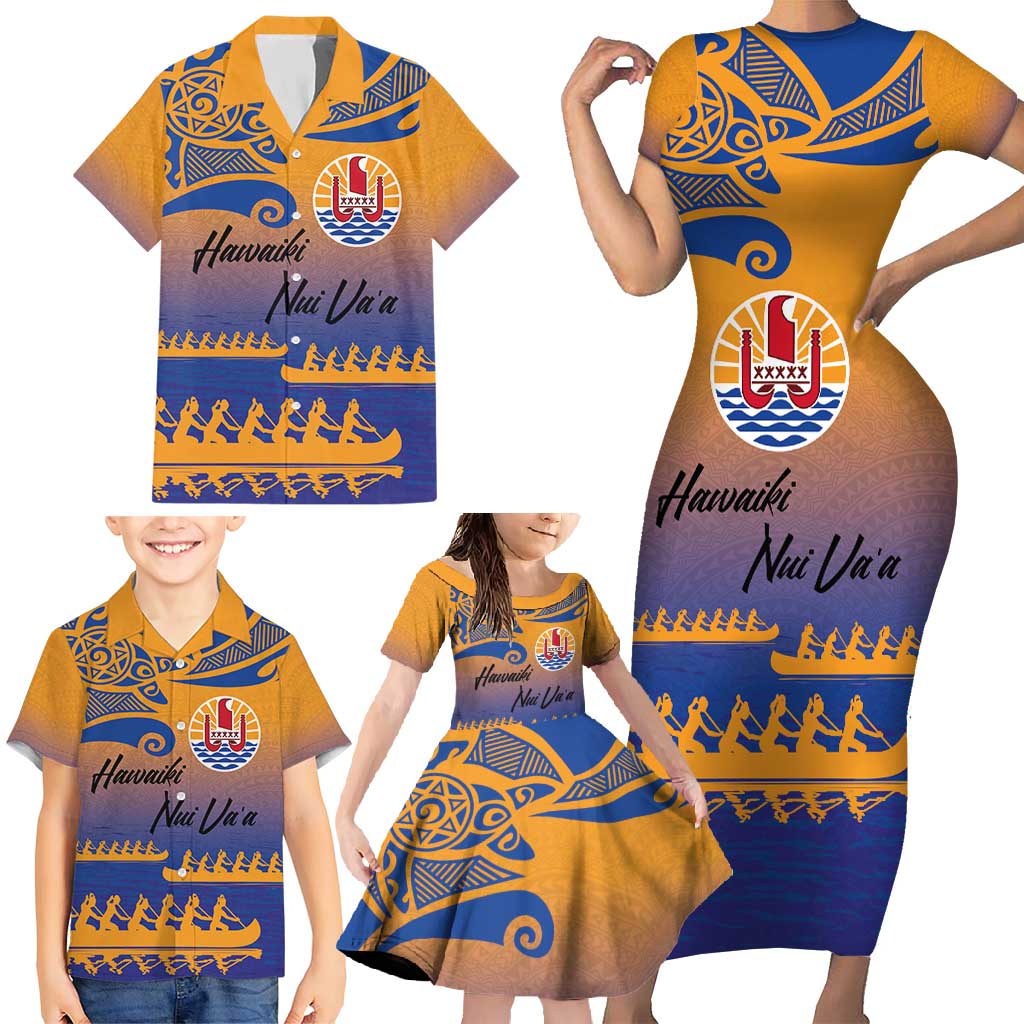 Personalised Hawaiki Nui Va'a French Polynesian Pattern Family Matching Short Sleeve Bodycon Dress and Hawaiian Shirt Sunset Color LT03 - Polynesian Pride