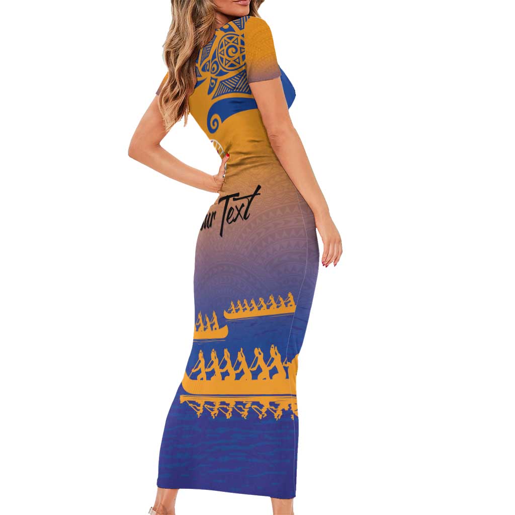 Personalised Hawaiki Nui Va'a French Polynesian Pattern Family Matching Short Sleeve Bodycon Dress and Hawaiian Shirt Sunset Color LT03 - Polynesian Pride
