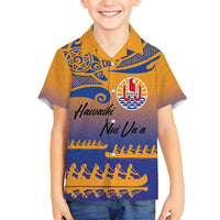 Personalised Hawaiki Nui Va'a French Polynesian Pattern Family Matching Summer Maxi Dress and Hawaiian Shirt Sunset Color LT03 Son's Shirt Yellow - Polynesian Pride