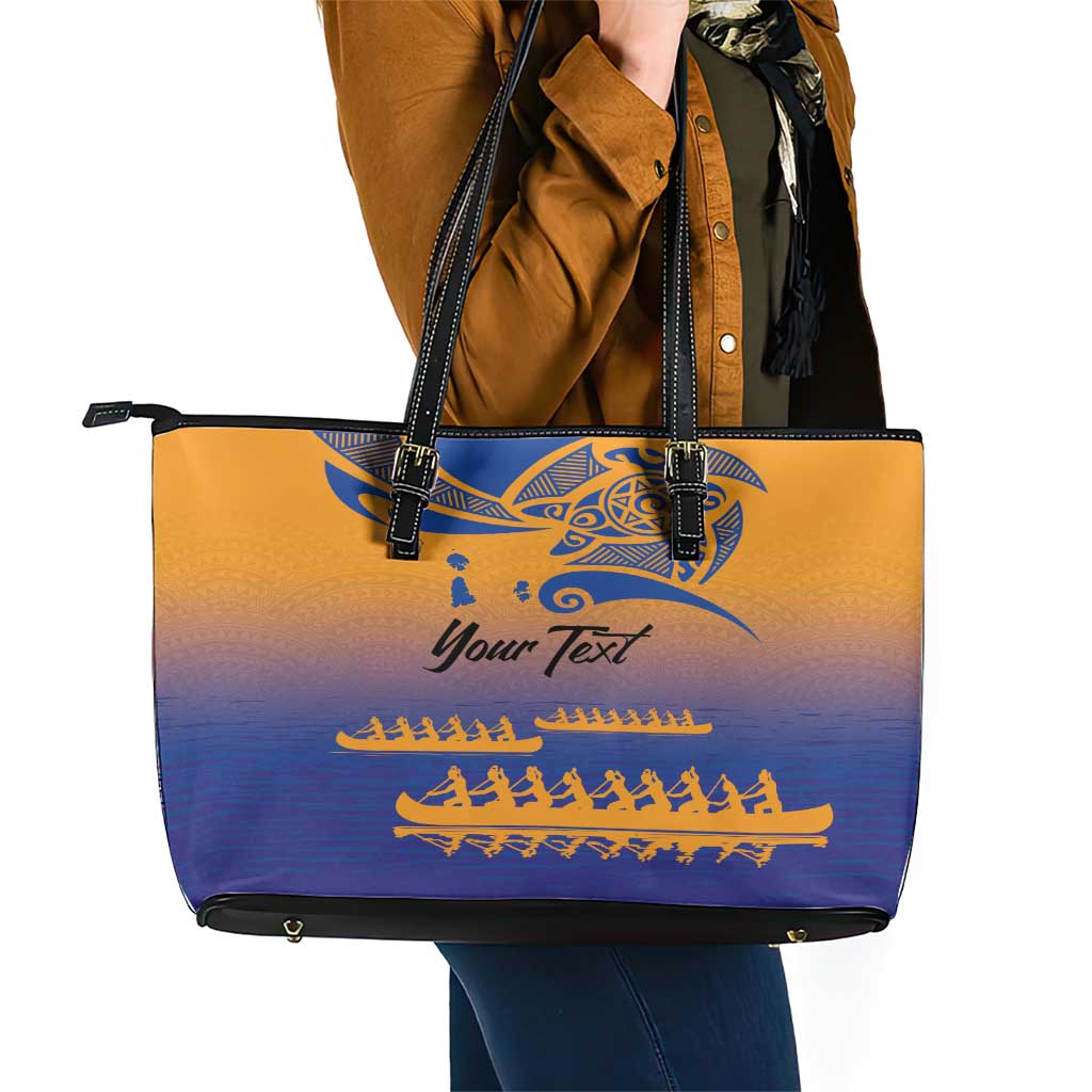 Personalised Hawaiki Nui Va'a French Polynesian Pattern Leather Tote Bag Sunset Color