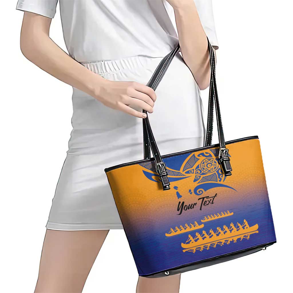 Personalised Hawaiki Nui Va'a French Polynesian Pattern Leather Tote Bag Sunset Color