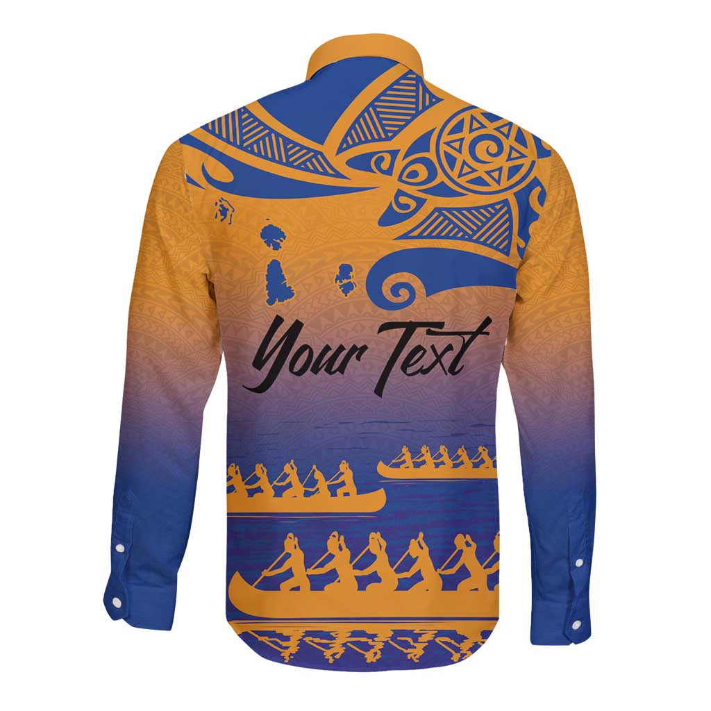 Personalised Hawaiki Nui Va'a French Polynesian Pattern Long Sleeve Button Shirt Sunset Color