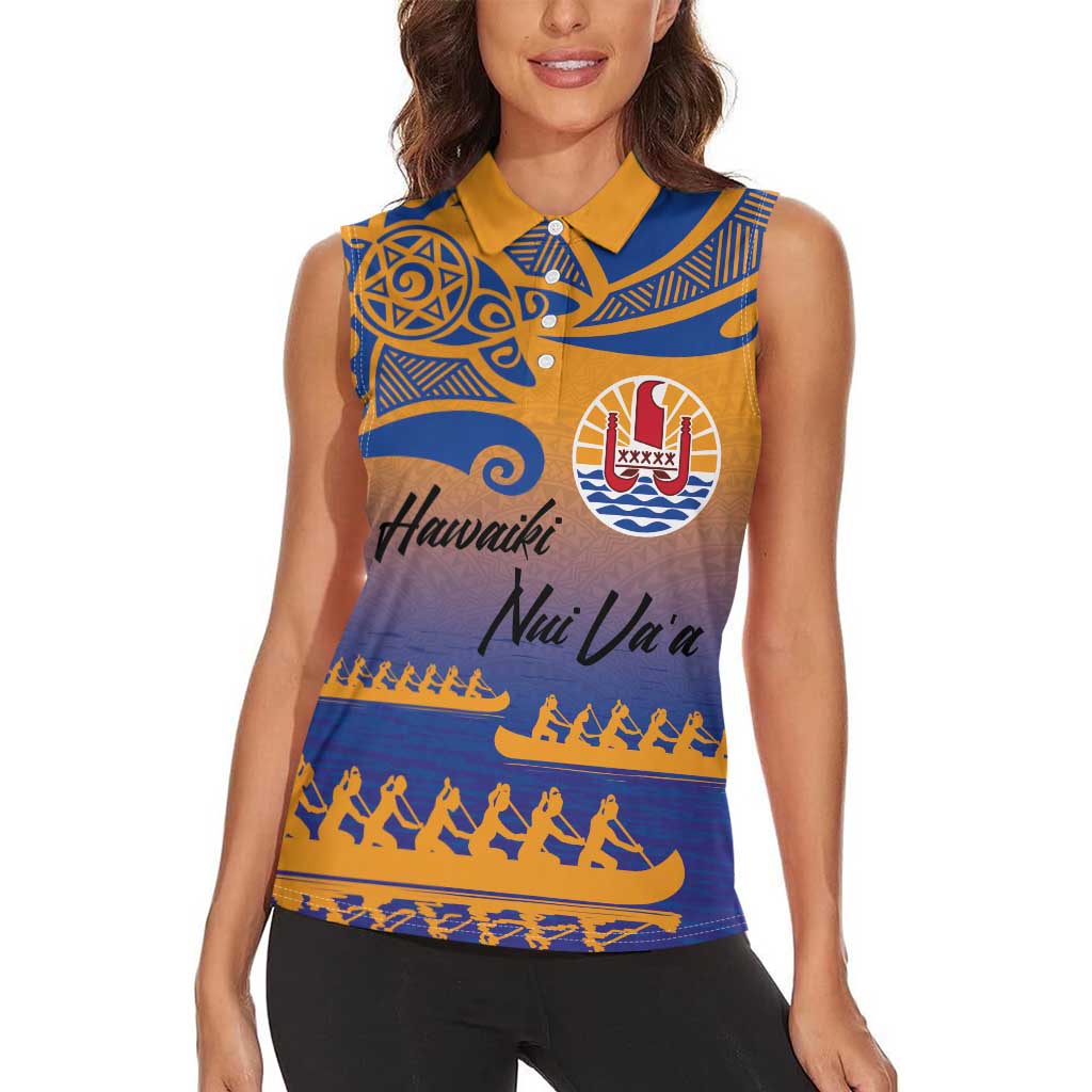 Personalised Hawaiki Nui Va'a French Polynesian Pattern Women Sleeveless Polo Shirt Sunset Color