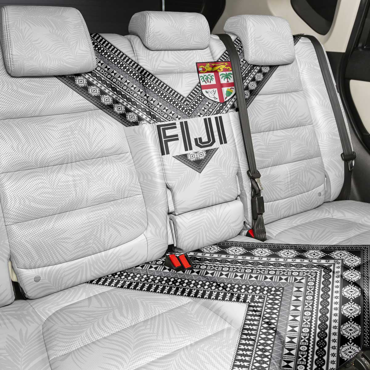 Rugby Fiji Back Car Seat Cover Fijian Masi Tribal Sporty Style White Color - Polynesian Pride