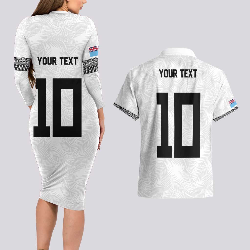 Custom Rugby Fiji Couples Matching Long Sleeve Bodycon Dress and Hawaiian Shirt Fijian Masi Tribal Sporty Style White Color - Polynesian Pride