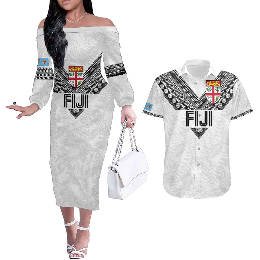 Custom Rugby Fiji Couples Matching Off The Shoulder Long Sleeve Dress and Hawaiian Shirt Fijian Masi Tribal Sporty Style White Color - Polynesian Pride