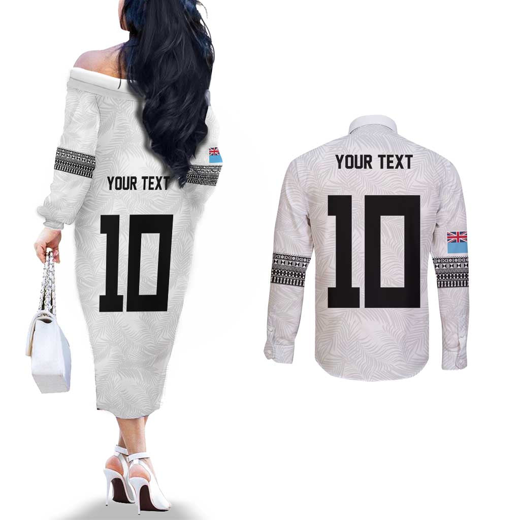 Custom Rugby Fiji Couples Matching Off The Shoulder Long Sleeve Dress and Long Sleeve Button Shirt Fijian Masi Tribal Sporty Style White Color - Polynesian Pride