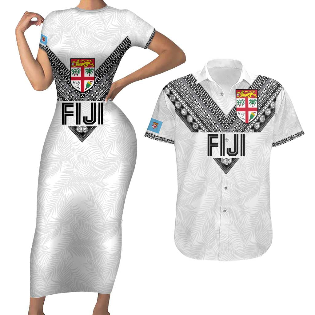 Custom Rugby Fiji Couples Matching Short Sleeve Bodycon Dress and Hawaiian Shirt Fijian Masi Tribal Sporty Style White Color - Polynesian Pride