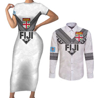 Custom Rugby Fiji Couples Matching Short Sleeve Bodycon Dress and Long Sleeve Button Shirt Fijian Masi Tribal Sporty Style White Color - Polynesian Pride