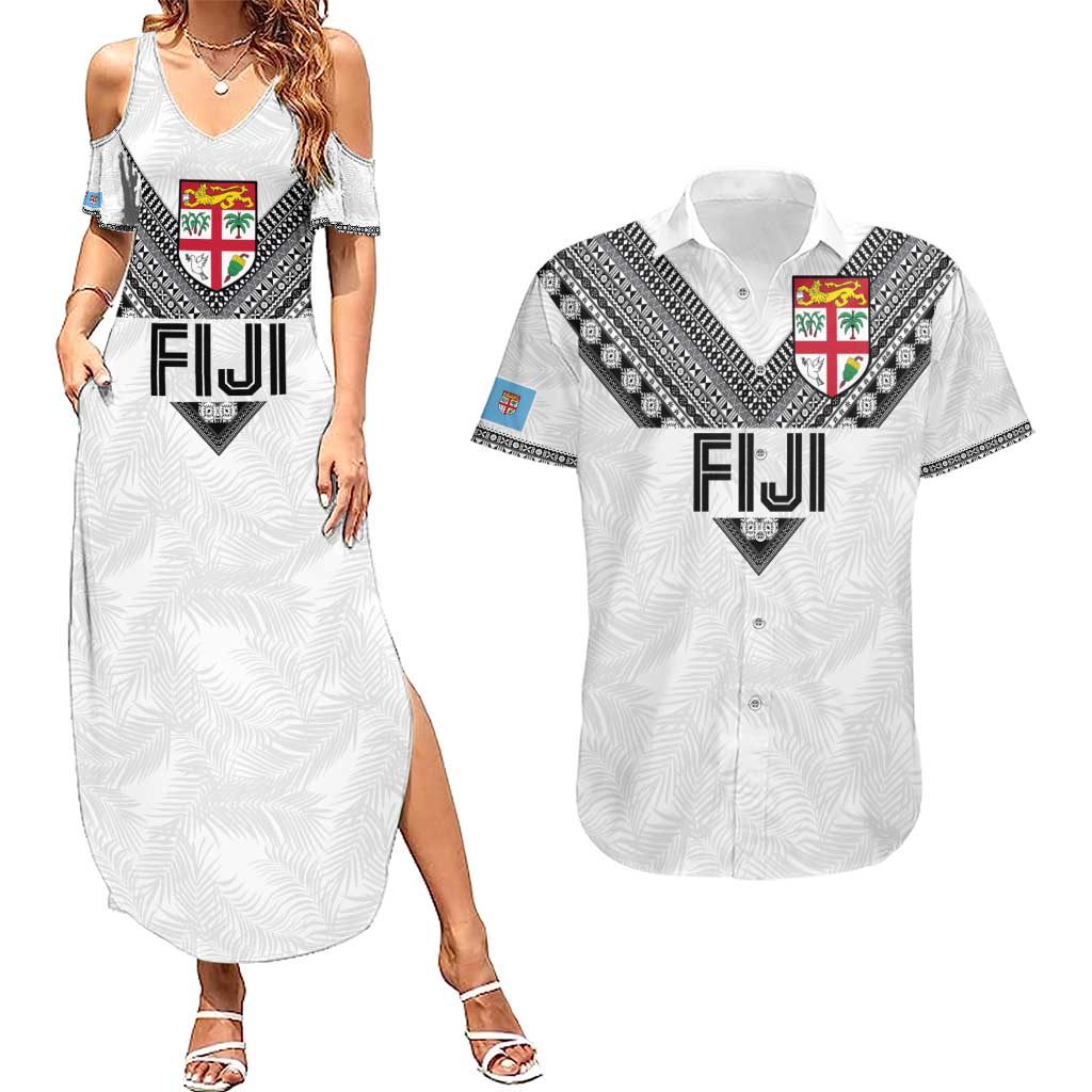 Custom Rugby Fiji Couples Matching Summer Maxi Dress and Hawaiian Shirt Fijian Masi Tribal Sporty Style White Color - Polynesian Pride