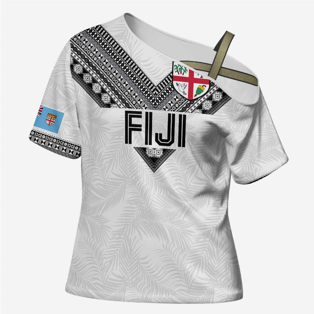 Custom Rugby Fiji Cross Shoulder Shirt Fijian Masi Tribal Sporty Style White Color LT03 Female White - Polynesian Pride