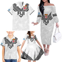 Custom Rugby Fiji Family Matching Off The Shoulder Long Sleeve Dress and Hawaiian Shirt Fijian Masi Tribal Sporty Style White Color - Polynesian Pride