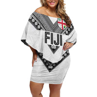 Custom Rugby Fiji Family Matching Off Shoulder Short Dress and Hawaiian Shirt Fijian Masi Tribal Sporty Style White Color - Polynesian Pride