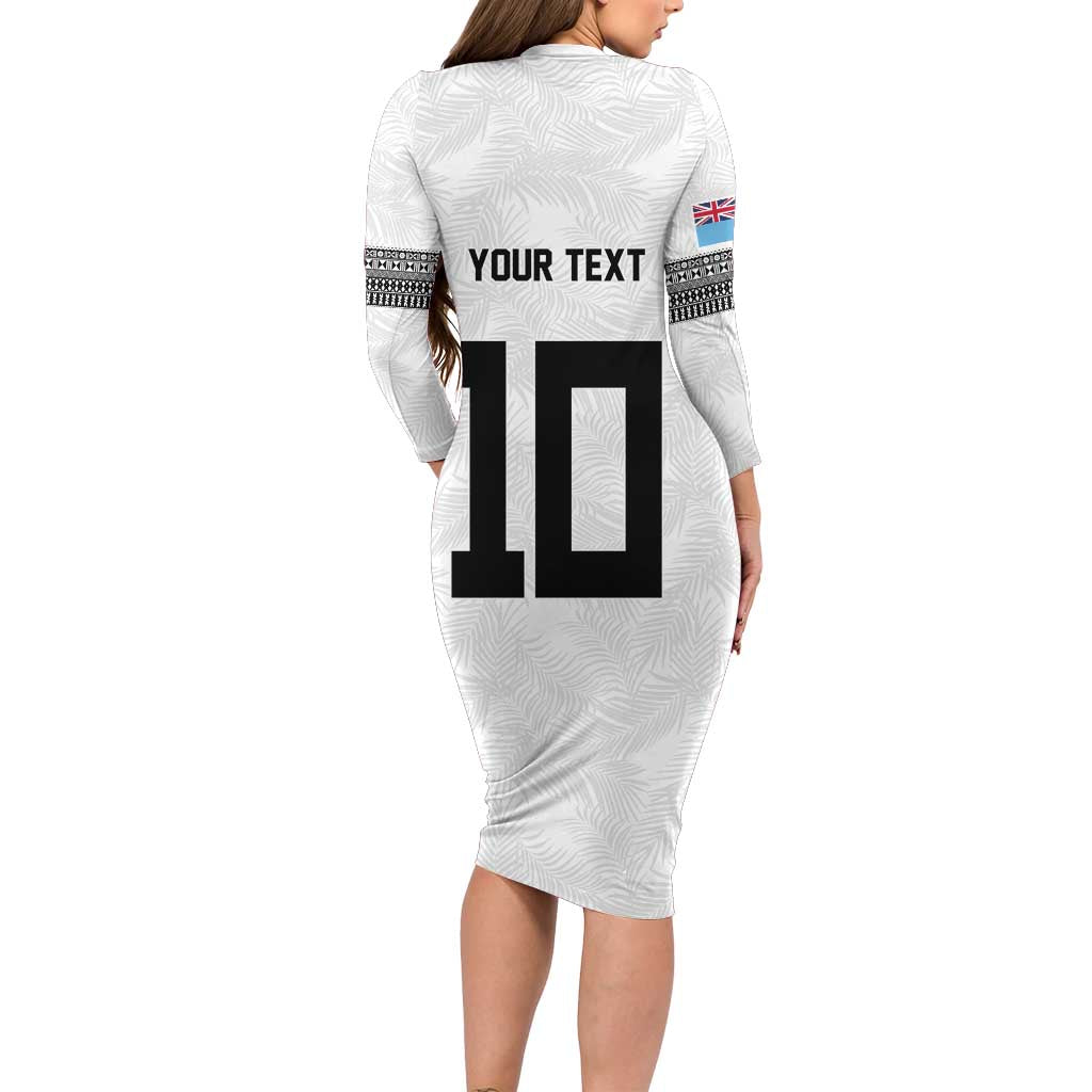 Custom Rugby Fiji Long Sleeve Bodycon Dress Fijian Masi Tribal Sporty Style White Color - Polynesian Pride