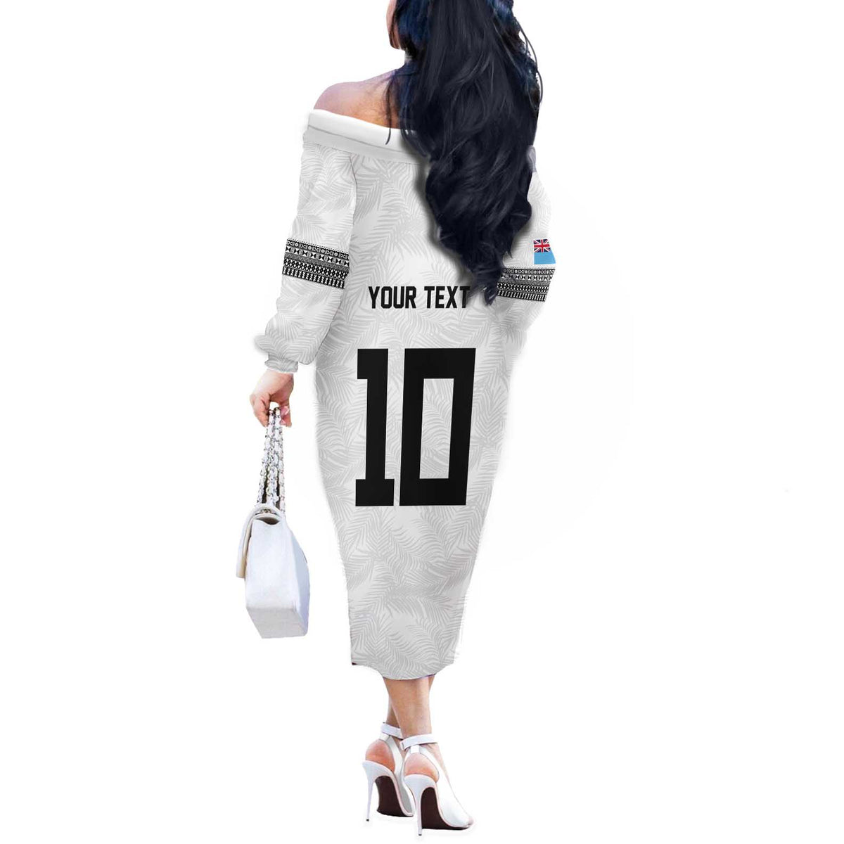 Custom Rugby Fiji Off The Shoulder Long Sleeve Dress Fijian Masi Tribal Sporty Style White Color - Polynesian Pride