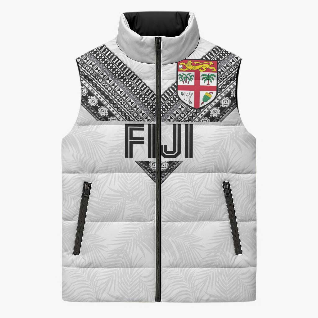 Custom Rugby Fiji Sleeveless Puffer Jacket Fijian Masi Tribal Sporty Style White Color LT03 Unisex White - Polynesian Pride
