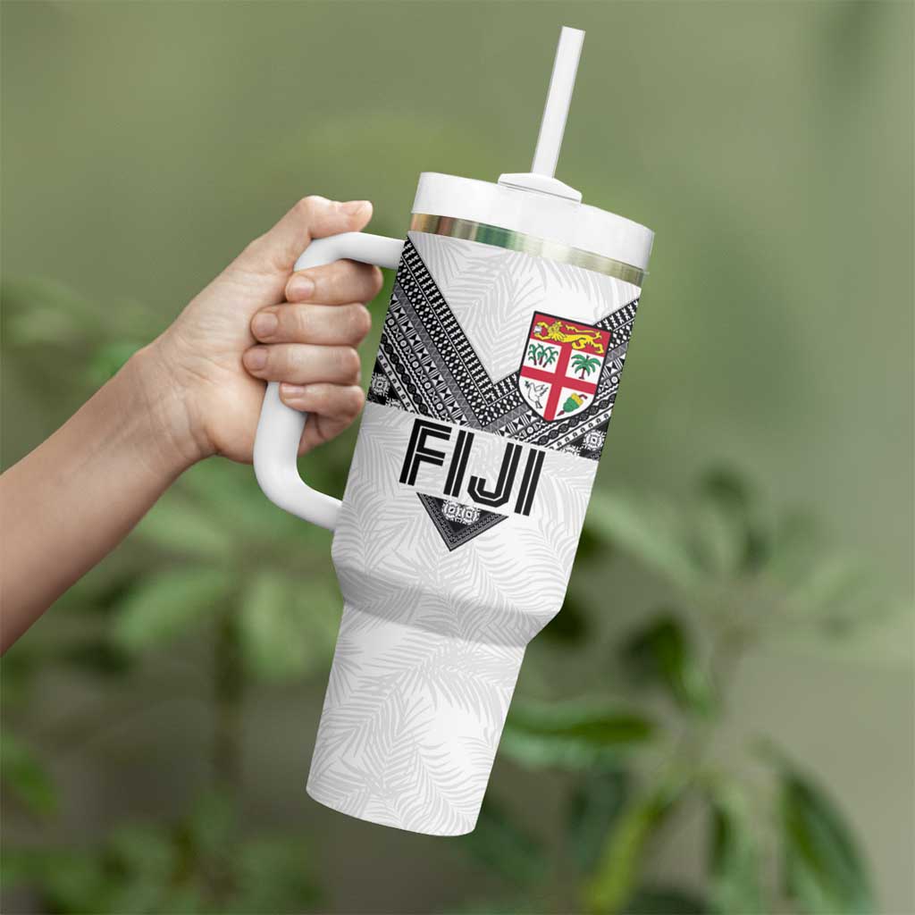 Custom Rugby Fiji Tumbler With Handle Fijian Masi Tribal Sporty Style White Color - Polynesian Pride