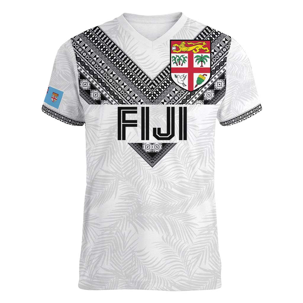 Custom Rugby Fiji Women V-Neck T-Shirt Fijian Masi Tribal Sporty Style White Color - Polynesian Pride