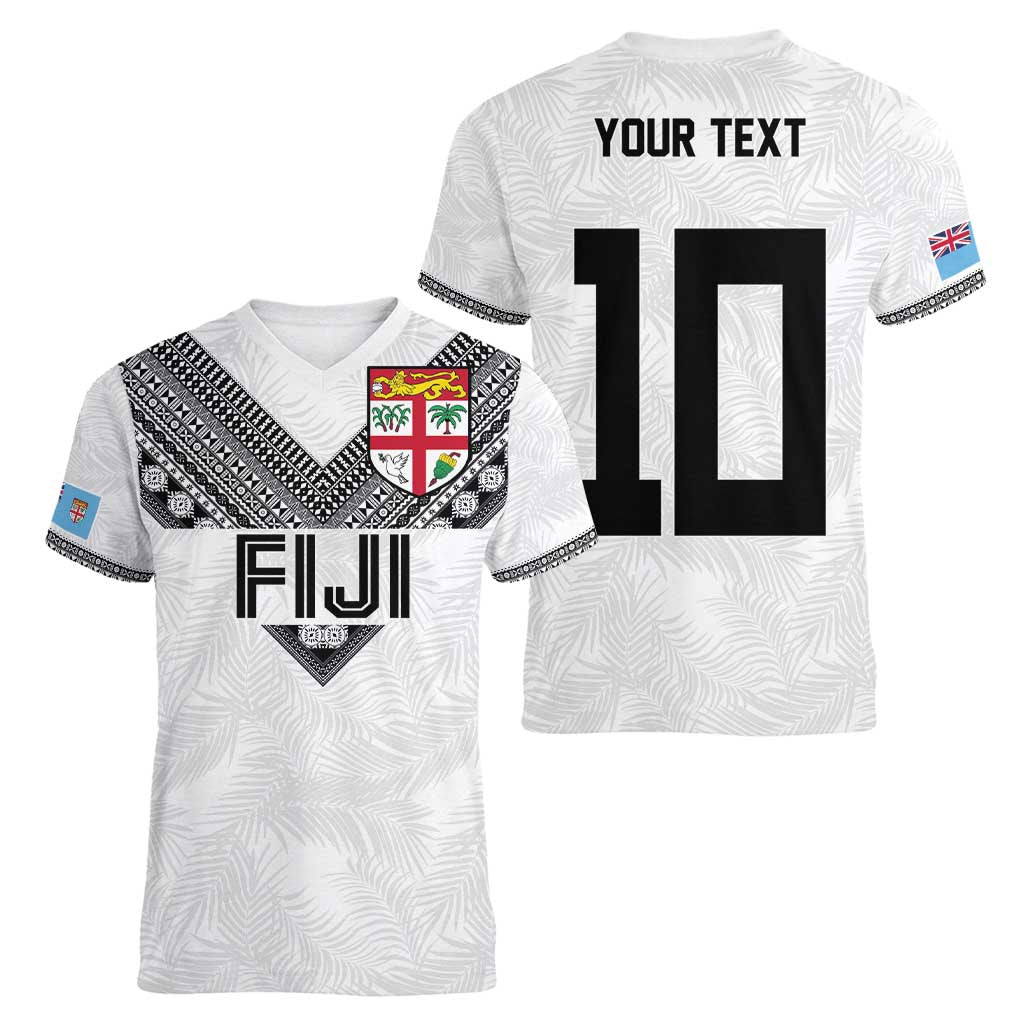 Custom Rugby Fiji Women V-Neck T-Shirt Fijian Masi Tribal Sporty Style White Color - Polynesian Pride