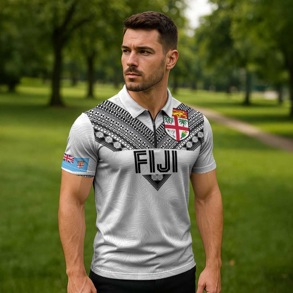 Custom Rugby Fiji Zipper Polo Shirt Fijian Masi Tribal Sporty Style White Color LT03 - Polynesian Pride