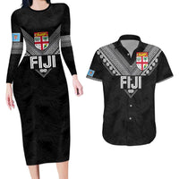 Custom Rugby Fiji Couples Matching Long Sleeve Bodycon Dress and Hawaiian Shirt Fijian Masi Tribal Sporty Style Black Color - Polynesian Pride