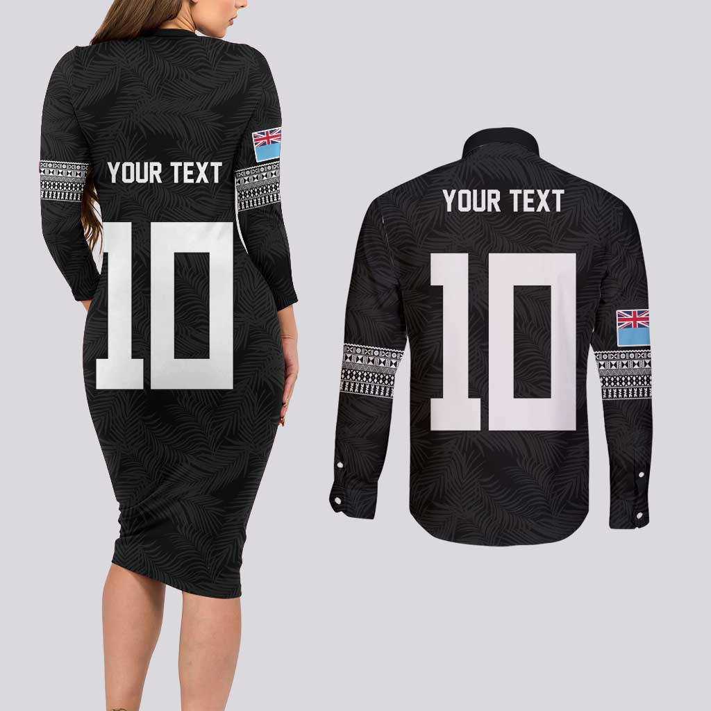 Custom Rugby Fiji Couples Matching Long Sleeve Bodycon Dress and Long Sleeve Button Shirt Fijian Masi Tribal Sporty Style Black Color - Polynesian Pride