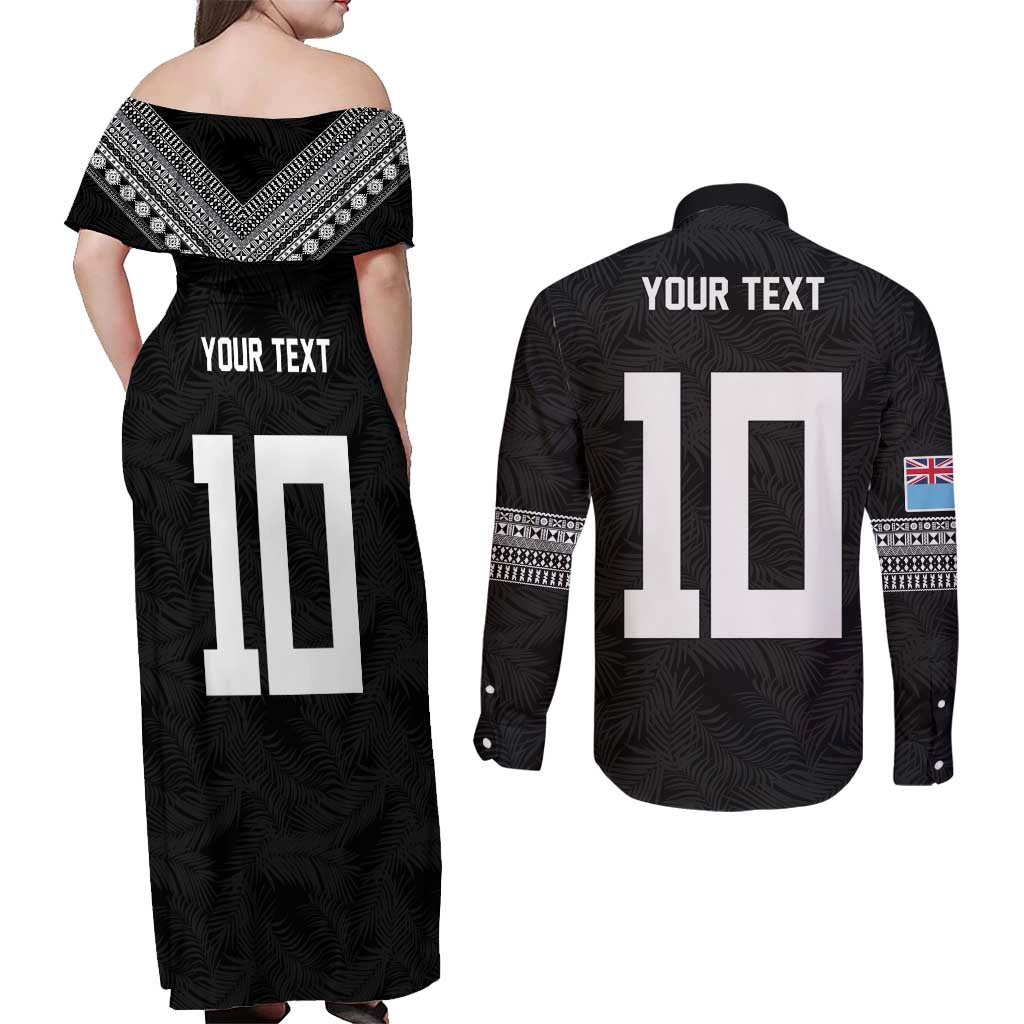 Custom Rugby Fiji Couples Matching Off Shoulder Maxi Dress and Long Sleeve Button Shirt Fijian Masi Tribal Sporty Style Black Color - Polynesian Pride