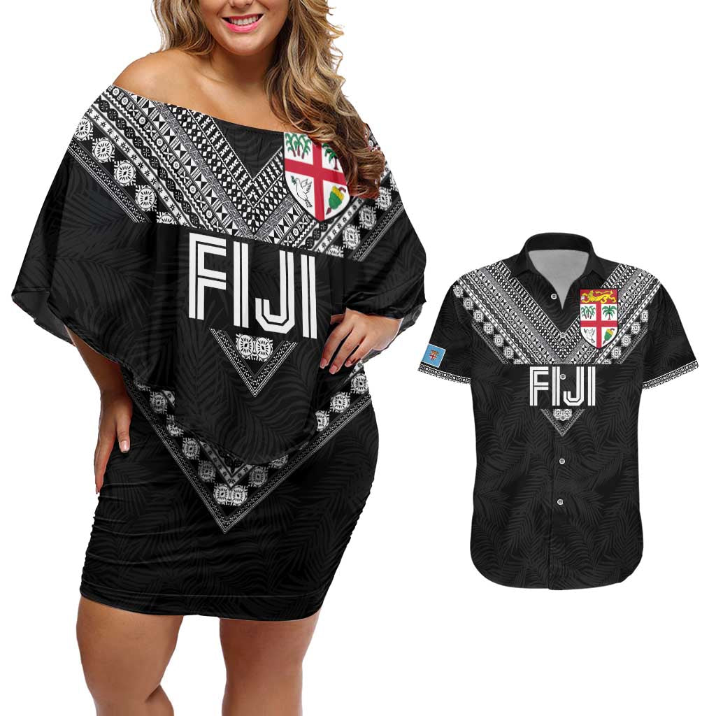Custom Rugby Fiji Couples Matching Off Shoulder Short Dress and Hawaiian Shirt Fijian Masi Tribal Sporty Style Black Color - Polynesian Pride
