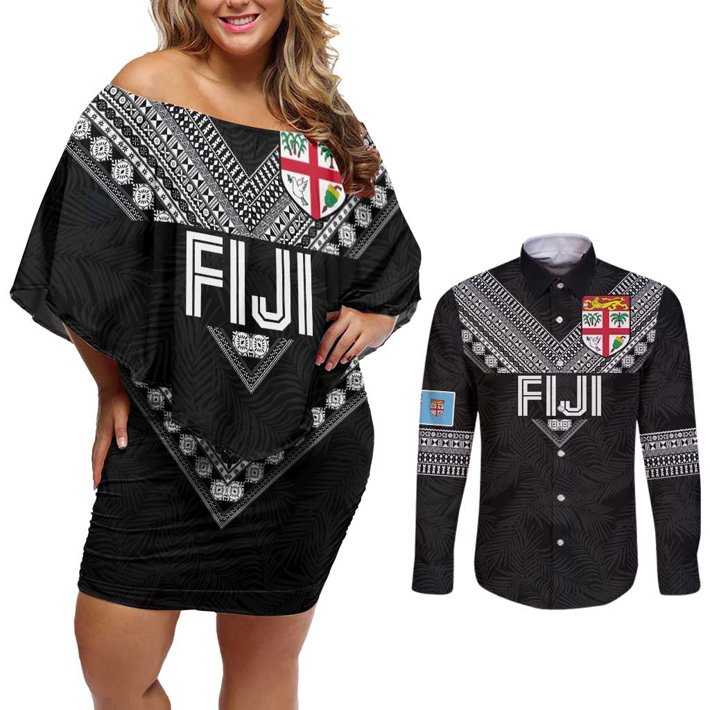Custom Rugby Fiji Couples Matching Off Shoulder Short Dress and Long Sleeve Button Shirt Fijian Masi Tribal Sporty Style Black Color - Polynesian Pride