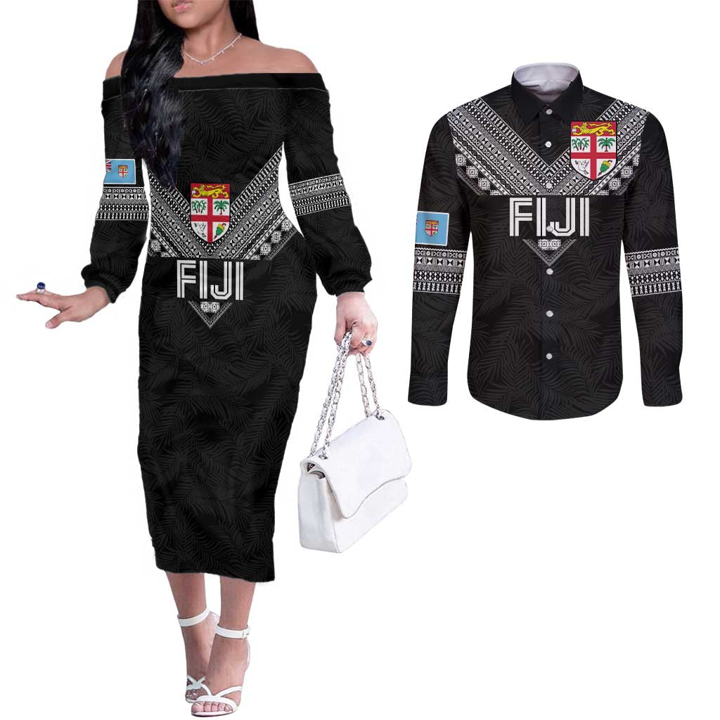 Custom Rugby Fiji Couples Matching Off The Shoulder Long Sleeve Dress and Long Sleeve Button Shirt Fijian Masi Tribal Sporty Style Black Color - Polynesian Pride