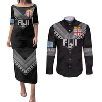 Custom Rugby Fiji Couples Matching Puletasi and Long Sleeve Button Shirt Fijian Masi Tribal Sporty Style Black Color - Polynesian Pride