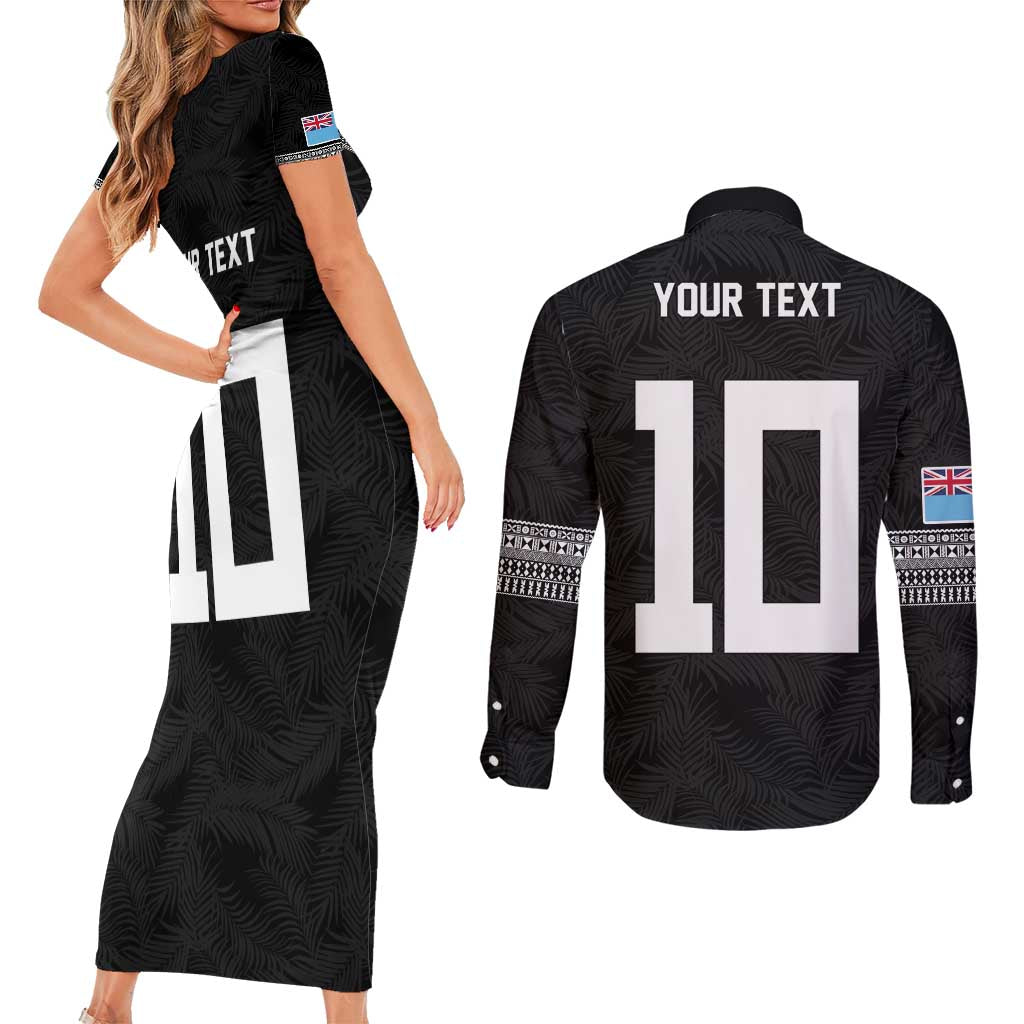 Custom Rugby Fiji Couples Matching Short Sleeve Bodycon Dress and Long Sleeve Button Shirt Fijian Masi Tribal Sporty Style Black Color - Polynesian Pride