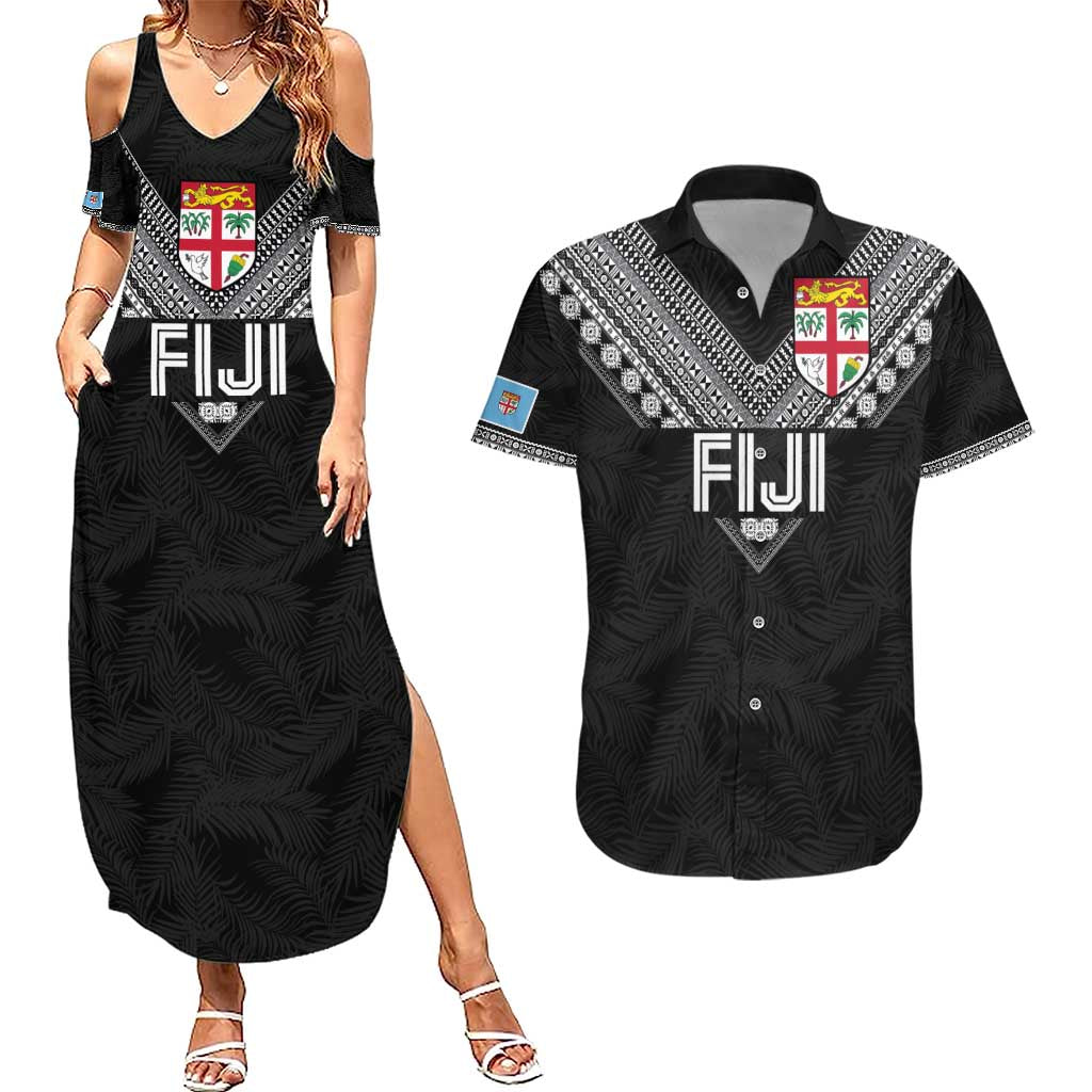 Custom Rugby Fiji Couples Matching Summer Maxi Dress and Hawaiian Shirt Fijian Masi Tribal Sporty Style Black Color - Polynesian Pride