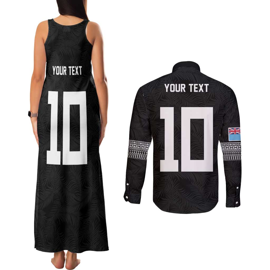 Custom Rugby Fiji Couples Matching Tank Maxi Dress and Long Sleeve Button Shirt Fijian Masi Tribal Sporty Style Black Color - Polynesian Pride