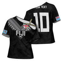 Custom Rugby Fiji Cross Shoulder Shirt Fijian Masi Tribal Sporty Style Black Color LT03 - Polynesian Pride