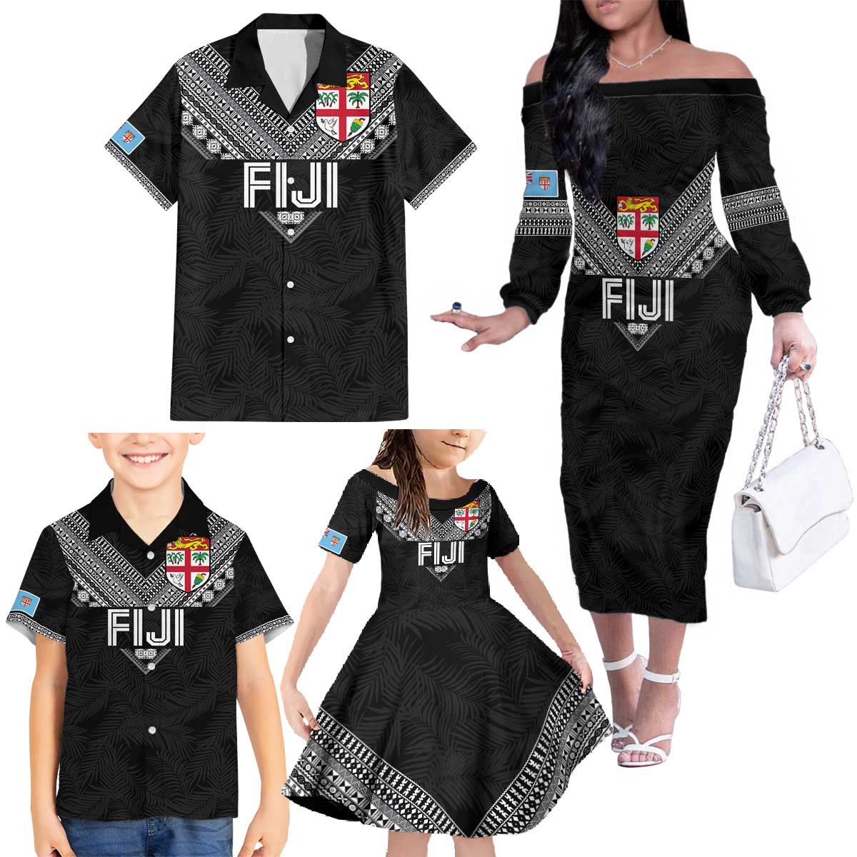 Custom Rugby Fiji Family Matching Off The Shoulder Long Sleeve Dress and Hawaiian Shirt Fijian Masi Tribal Sporty Style Black Color - Polynesian Pride