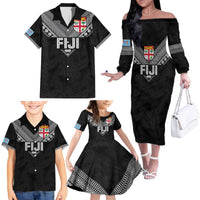 Custom Rugby Fiji Family Matching Off The Shoulder Long Sleeve Dress and Hawaiian Shirt Fijian Masi Tribal Sporty Style Black Color - Polynesian Pride